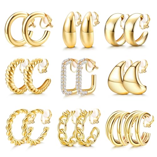 JeweBella 9 Paar Ohrclips Damen Ohne Ohrlöcher Silber Gold Chunky Clip Ohrringe Creolen Klipp Ohrringe Damen Ohrclips Ohne Ohrloch Fake Ohrringe Sets für Damen Modeschmuck Geschenk