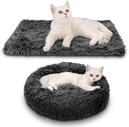  Katze Hundekissen Flauschig Set mit Decke Warm Weich Deluxes Schlafen zum und Kleine Hunde Rutschfestes Waschbar 50cm Dunkelgrau