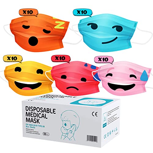 JIOJIG Masken Bunt TYP IIR 3Lagig Einwegmasken CE Zertifiziert 50 Stück Mund Nasen Mädchen Junge Masken Stoff Sticker bunten Mustern Stoff Rot