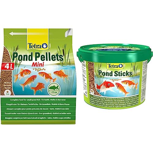Tetra Pond Pellets Mini Hauptfutter für kleine Teichfische Pond Sticks - Fischfutter für Teichfische für gesunde Fische und klares Wasser im Gartenteich 10 L Eimer