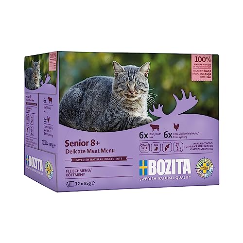 Bozita Nassfutter Senior für Katzen ab 8 Jahre Mulitbox 6X Rind 6X viel Huhn Häppchen in Sauce im Portionsbeutel 12x85g Getreidefreie Katzenfutter Nassfutter