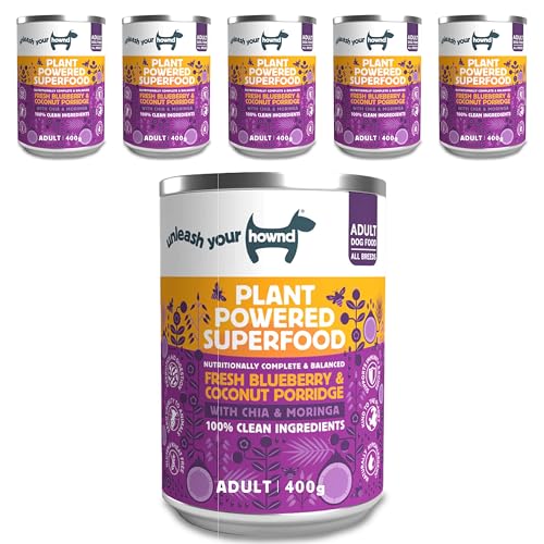 HOWND Veganes Hundefutter - Komplettes pflanzliches hypoallergenes veganes Nassfutter für Erwachsene Hunde - Gesundes veganes Hundefutter - Frischer Blaubeer-Kokosbrei mit Chia Hafer 6 x 400G