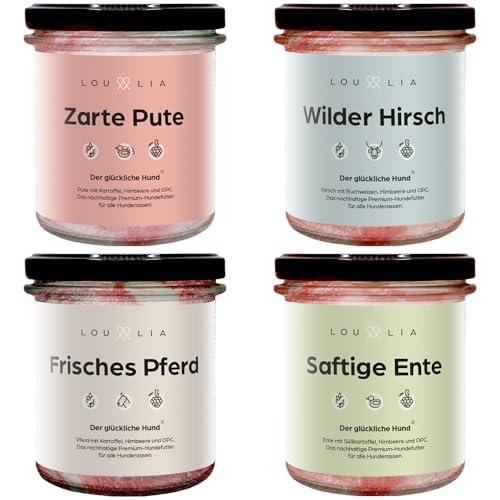 Lou und Lia Nassfutter für Hunde - 4 Sorten Starterpaket 32x 290g Gläser - Hundefutter mit 100% frischem Fleisch Getreidefrei Monoprotein - Himbeere OPC - Für alle Hunde