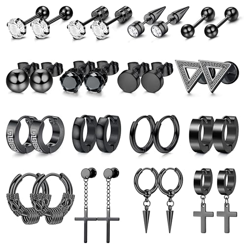 Dochais 16 Paar Set Edelstahl Schwarz Kleine Kreuz Hypoallergen Chirurgenstahl Zirkonia Set Hoop Gothic für Herren Damen