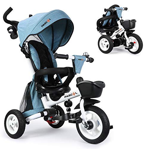 Fascol Dreirad 6 in 1 Kinderwagen Klappbar Kinderdreirad mit Lenkbarer Schubstange Fahrrad für Kinder ab 6 Monate bis 5 Jahren mit 360 Drehsitz Gummiräder Abnehmbarer Sonnendach Blau