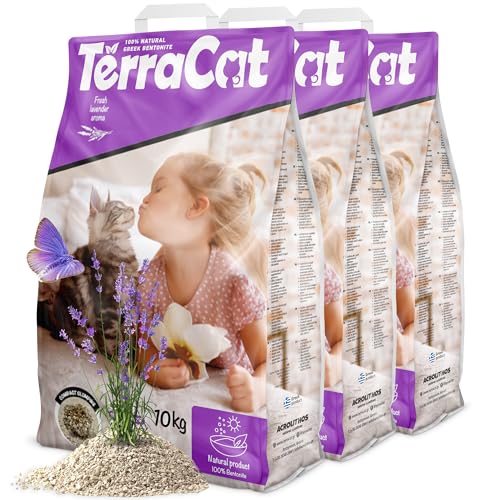 TerraCat Katzenstreu 37.5L - 3er Pack Cat Litter 100% Griechischer Bentonit Katzenstreu Klumpstreu Hohe Saugfähigkeit Klumpstreu für Katzen Staubfrei Katzenstreu Klumpend Lavendelduft 30Kg