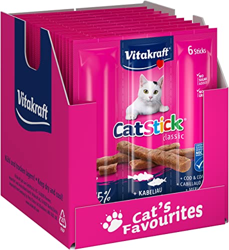 Vitakraft Cat Stick Classic Katzen Leckerli fleischige Katzensticks mit Kabeljau und Seelachs in Vorratsgröße ohne Zuckerzusatz 10x 6 Stück