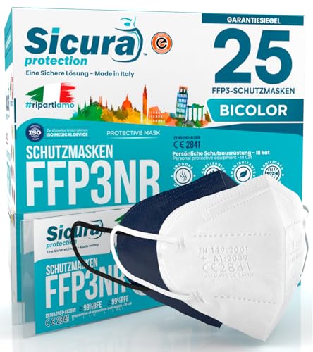 25 FFP3 Masken bunt Blau und Weiß CE zertifiziert Made in Italy BFE 99% PFE 99% Logoaufdruck SICURA Italienisch sanitisiert und einzeln versiegelt ffp3 Maske 12 Weiß 13 Blau