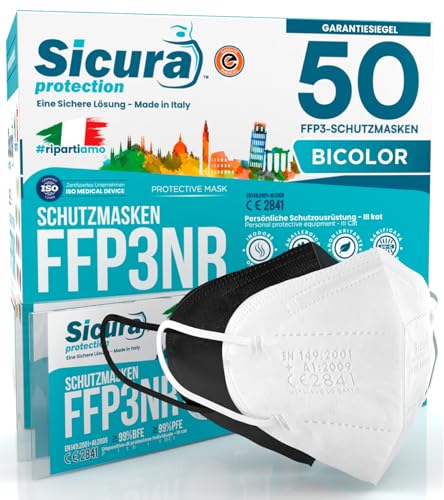 50 Masken FFP3 CE zertifiziert Schwarz und Weiß BFE 99% PFE 99% logo SICURA ffp3 25 Weiß 25 Negro