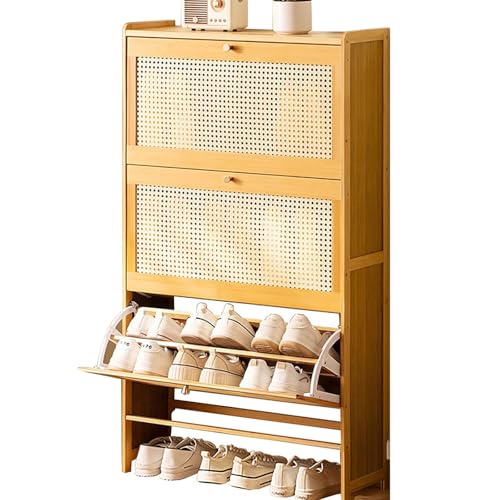 LONEU Rattan Schrank Schuhkipper 3 Klappen Schmal Schmaler Organizer Freistehender Holz für Schlafzimmer Color B Size 70X22.5X120CM