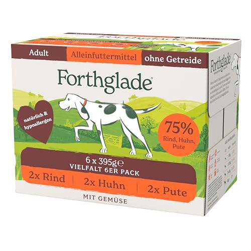 Forthglade Nassfutter für Hunde Mixpaket 6 x 395g Schalen getreidefreies Futter mit Rind Pute oder Huhn Gemüse für ausgewachsene Hunde ab 1 Jahr hypoallergenes Hundefutter