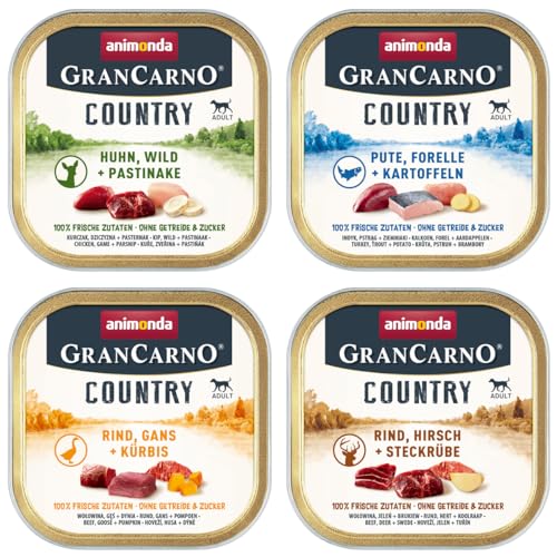 Animonda GranCarno Country 150g Bundle 12 oder 24 Schalen-Mix mit garantiert 4 verschiedenen Sorten getreidefreies Nassfutter für Hunde 24x 150g