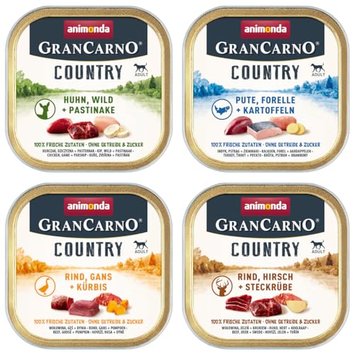 Animonda GranCarno Country 150g Bundle 12 oder 24 Schalen-Mix mit garantiert 4 verschiedenen Sorten getreidefreies Nassfutter für Hunde 12x 150g