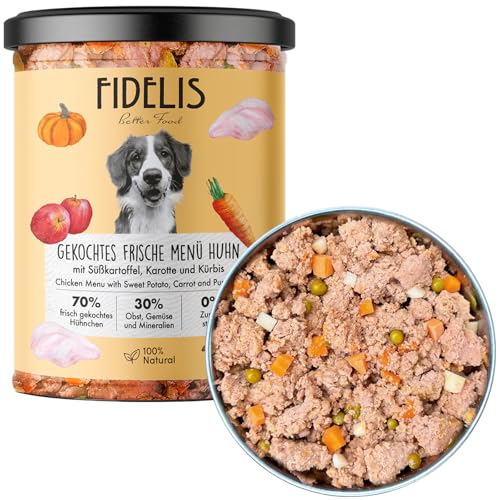 Fidelis Gekochtes Frische-Menü mit Huhn Süßkartoffel Karotte Kürbis 6 x 400g Glas Hundefutter mit 70% Fleischanteil frischen Zutaten Nassfutter ohne Zusätze ungekühlt haltbar