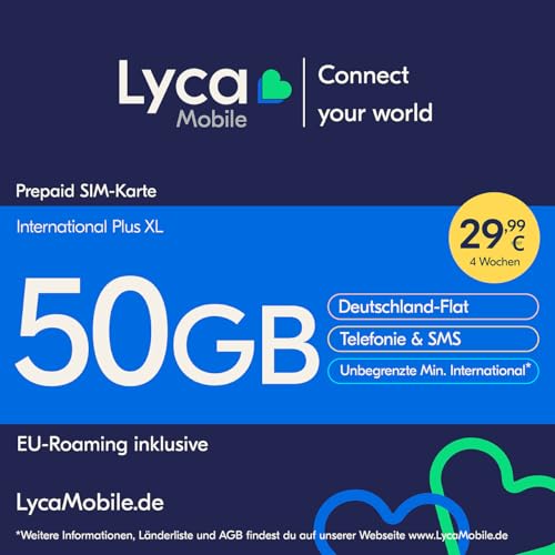 Lyca Mobile International Plus XL Prepaid Smartphone SIM Karte ohne Vertrag inkl. 50 GB Datenvolumen