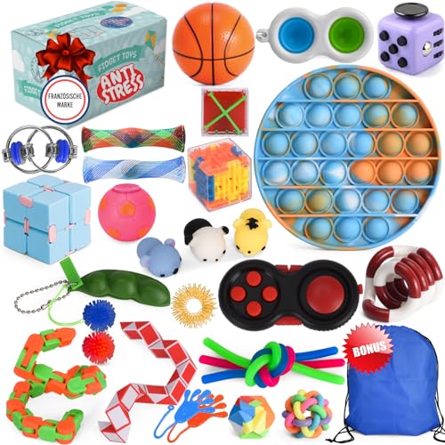 Fidget Toys Set Anti Stress Spielzeug für Erwachsene und Kinder French Way Skills Set zur Stressbewältigung und Konzentrationssteigerung Enthält Pop It Stressball Fidget Cube und Akupressur Ring