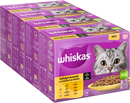 Whiskas 7 Katzenfutter Geflügel Auswahl in Sauce 12x85g 4 Packungen Hochwertiges Nassfutter ab dem 7. Lebensjahr in 48 Portionsbeuteln
