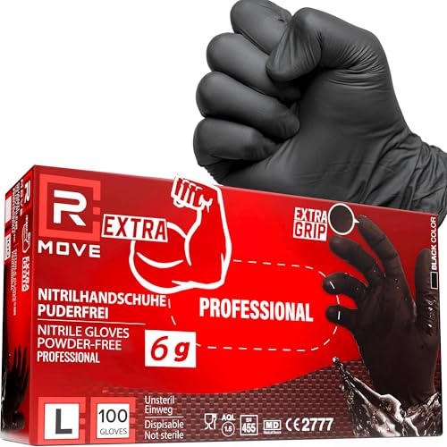 R MOVE 100 Einweghandschuhe Schwarz Nitrilhandschuhe EXTRA BESTÄNDIG einmalhandschuhe 60% Dicke 6 gr puderfrei latexfrei handschuhe einweg für Mechaniker Tätowierer Kosmetikerinnen L