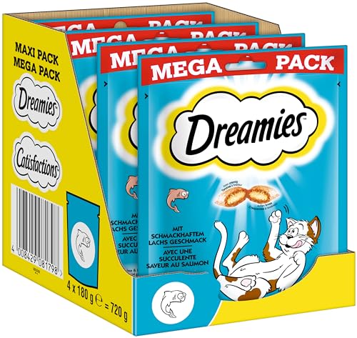 Dreamies Katzensnacks mit Lachsgeschmack 4er Pack 4x180g Außen knusprige innen cremige Katzenleckerlis