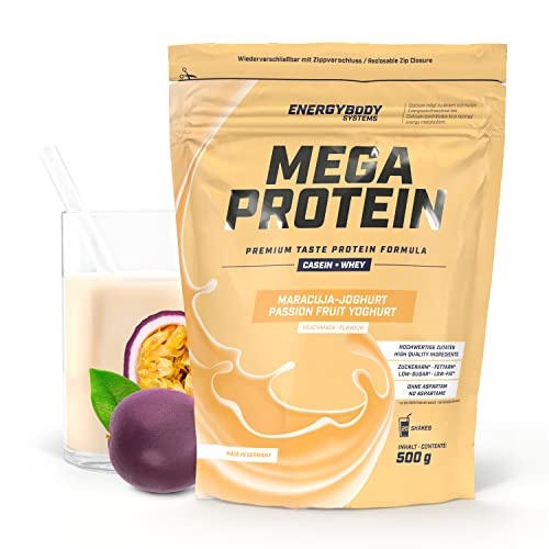 Energybody Mega Protein Maracuja-Joghurt 500 g Mehrkomponenten Protein Pulver mit Casein Whey Mix als Eiweiss Protein Pulver Eiweiß Shake ohne Aspartam Eiweißpulver 20 Portionen