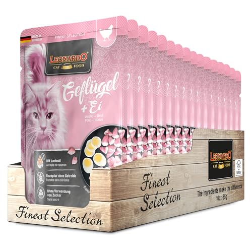 Leonardo Frischebeutel 16x85g Geflügel Ei Getreidefreies Nassfutter für Katzen Feuchtfutter Alleinfutter im Einzelportionsbeutel