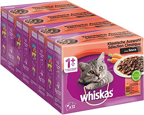 Whiskas 1 Katzenfutter Klassische Auswahl in Sauce Hochwertiges Nassfutter Für eine glückliche Katze 48 Portionsbeutel 100g