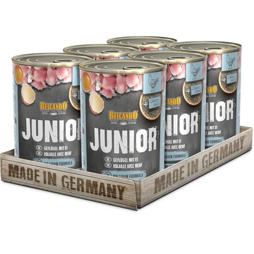 BELCANDO Nassfutter für Hunde Junior Geflügel mit Ei 6X 400g Dose Hundefutter nass für alle Rassen Made in Germany