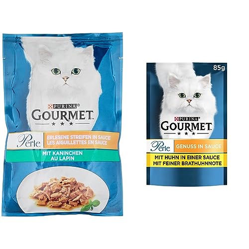 PURINA GOURMET Perle Erlesene Streifen Katzenfutter nass mit Kaninchen 26er Pack 26 x 85g Perle Genuss in Sauce Katzenfutter nass mit Huhn 26er Pack 26 x 85g