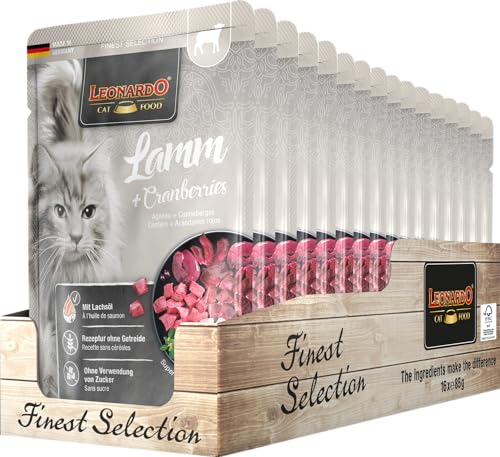 Leonardo Frischebeutel 16x85g Lamm Cranberries Getreidefreies Nassfutter für Katzen Feuchtfutter Alleinfutter im Einzelportionsbeutel