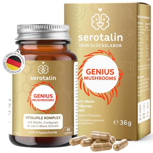 serotalin GENIUS MUSHROOMS Complex - Reishi I Lion s Mane I Cordyceps I 60 Pilz Komplex Kapseln hochdosiert ohne Zusatzstoffe Deutsche Produktion Labor getestet I Vegan