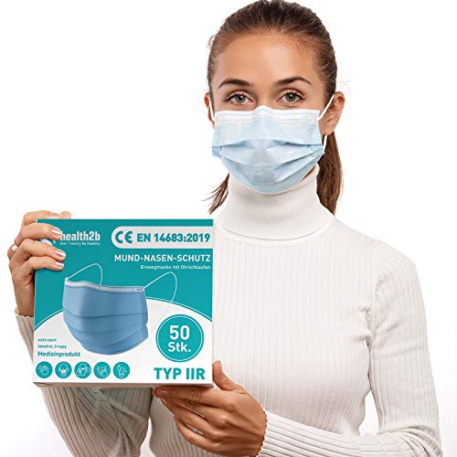 Health2b Medizinische Masken Mundschutz OP Masken 50 Stück Typ IIR CE Zertifiziert Mund und Nasenschutz 3-lagig Einweg Gesichtsmaske DERMATEST sehr gut Blau