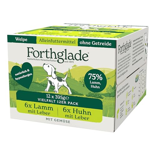 Forthglade Nassfutter für Hunde Mixpaket 12 x 395g Schalen getreidefreies Futter für Welpen von 2-12 Monaten mit Lamm und Leber Huhn mit Gemüse hypoallergenes Hundefutter