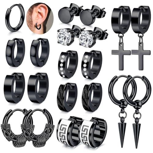 JeweBella 11Paar Ohrringe Herren Edelstahl Silber Schwarz Ohrstecker Set Creolen Ohrringe Hypoallergen Zirkonia Ohrstecker Kreuz Baumelnde Ohrringe Piercing Knorpel Ohrringe für Männer Damen