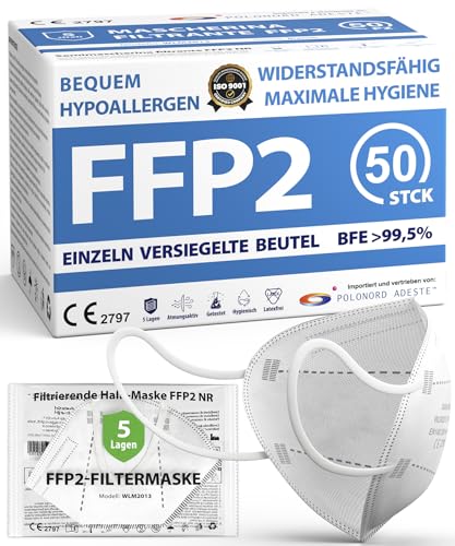 ADESTE   50 hygienische 5 lagige Staubschutzmaske EN149 2001 A1 2009 Mundschutzmaske EU2016 425 weiß Einzelne versiegelte Beutel