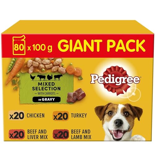 Pedigree Portionsbeutel Multipack Giant Pack Gemischte Selektion in Sauce mit 4 Varietäten mit Huhn Rind- und Lebermischung Truthahn Rind- und Lammmischung 80 x 100g Hundefutter Nassfutter
