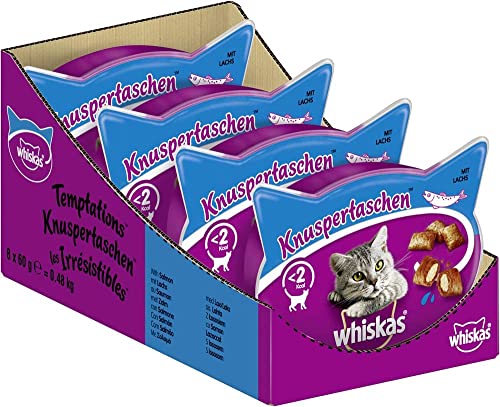  Knuspertaschen Köstliche Katzensnacks mit Lachs Geschmack Kalorienarme Leckerlis Vorratspack mit 8 Packungen 60g