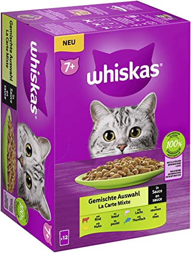 Whiskas 7 Katzennassfutter Gemischte Auswahl in Sauce 12x85g 1 Packung Hochwertiges Feuchtfutter in 12 Portionsbeuteln für Katzen ab 7 Jahren und älter