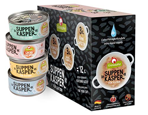 GranataPet Suppenkasper Multipack 12 x 70 g Snacks für Katzen Leckerchen für extra Flüssigkeitszufuhr Suppe gegen den kleinen Hunger Katzenfutter ohne Getreide ohne Zuckerzusätze