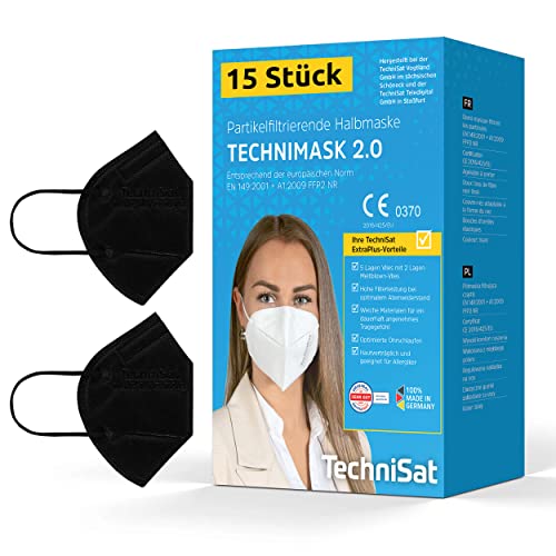 TechniSat TECHNIMASK 2.0 15 Stück FFP2 Maske aus Deutschland 5-lagige Atemschutzmaske mit hochwertigem Vlies dermatologisch getestet Made in Germany Farbe Schwarz