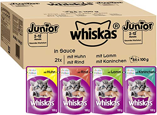 Whiskas Katzenfutter Nassfutter Junior für Kätzchen Kitten 1 Jahre Klassische Auswahl in Sauce 84 Portionsbeutel 84 x 100g
