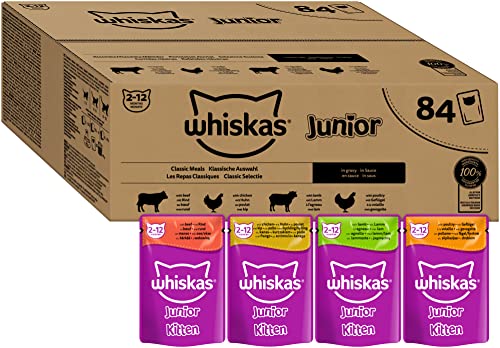 Whiskas Junior Katzennassfutter Klassische Auswahl in Sauce 84 Portionsbeutel 84x85g 1 Großpackung Hochwertiges Katzenfutter nass für heranwachsende Katzen von 2 bis 12 Monaten