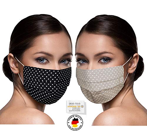 SET 2 STÜCK Unisex Stoffmasken Stoff 100% Baumwolle Nasen Schutzmaske mit Motiv Nasenschutz waschbar SCHWARZ u. BEIGE gepunktet