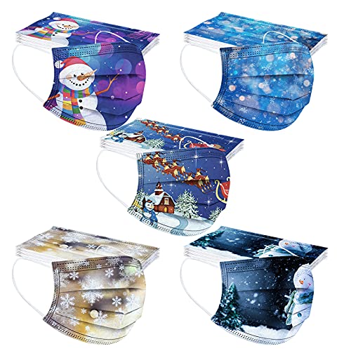 AMDOLE 50 Stück Einweg Kinder Mundschutz 3-lagig mit Weihnachtsmotiv Bunt Mund und Nasenschutz Maske Lustig Print Weihnachtsmaske Tücher Atmungsaktiv Halstuch Mund-Tuch Bandana Schals