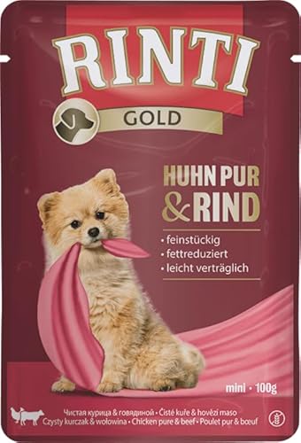 Rinti Gold Mini Huhn Pur Rind 10 x 100 g Alleinfuttermittel für ausgewachsene kleine Hunde Ausschließlich Huhn Rind für empfindliche Hunde bei Allergien Im Frischebeutel