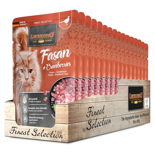 Leonardo Frischebeutel 16x85g Fasan Cranberry Getreidefreies Nassfutter für Katzen Feuchtfutter Alleinfutter im Einzelportionsbeutel