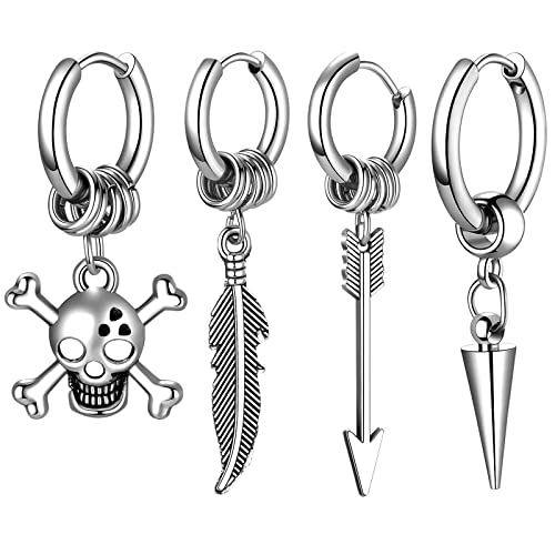 JewelryWe Schmuck 4pcs Punk mit Pfeil Blatt Feder Totenkopf Schädel Kegel Konus Anhänger Baumeln Ohrhänger