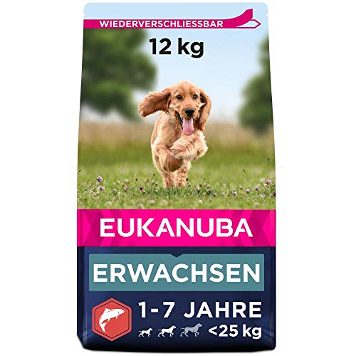 Eukanuba Hundefutter mit Lachs Gerste für kleine und mittelgroße Rassen - Trockenfutter für ausgewachsene Hunde 12 kg