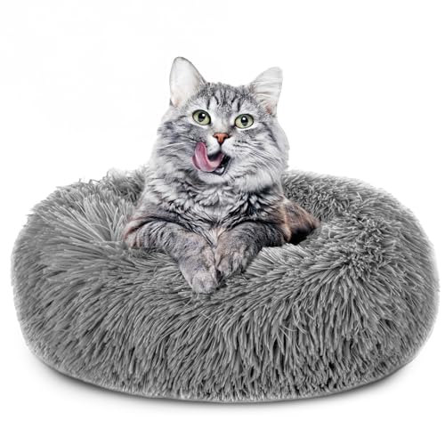 Amazinggirl Katzenbett flauschig 60 cm - Katzenkorb Katzenkissen Katzen Bett Katzenkörbchen Rund cat Bed Hellgrau