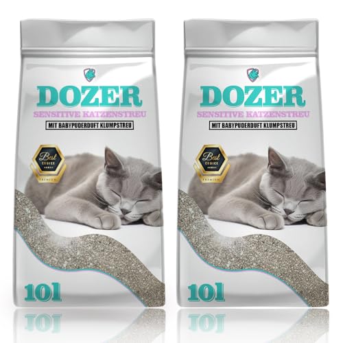 20 Liter Dozer Katzenstreu 20L Sensitive mit Babypuderduft Klumpstreu Premium Katzenstreu mit Babypuder-Duft - Feine Klumpstreu aus Bentonit 2 x 10L