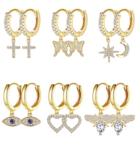 KALVICA 6 Paar Gold Creolen Ohrringe für Damen Mädchen 14 Karat Vergoldete Ohrringe Hängend Gold Creolen mit Zirkonia Gold Ohrringe Perlen Evil Eye Sterne Hängende Ohrringe Creolen Set